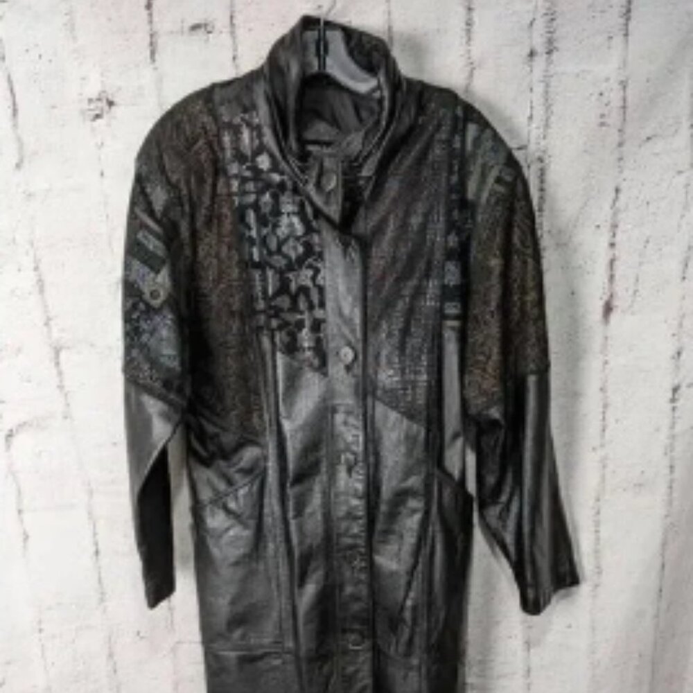 Pelle VTG Black Shoulder Patchwork Boho Genuine Leather Midi Maxi Trench Coat Sz